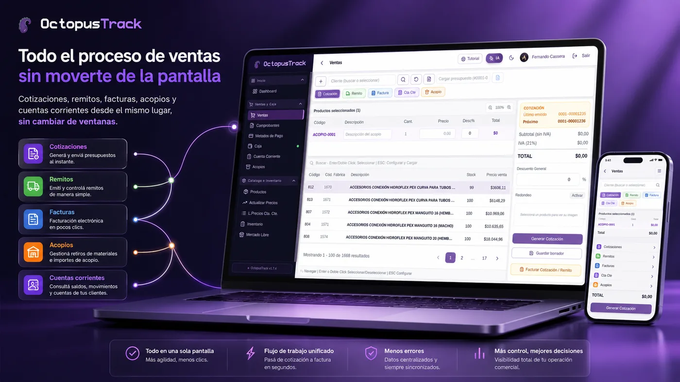 Proceso de ventas de OctopusTrack: cotizaciones, remitos, facturas, acopios y cuentas corrientes desde una sola pantalla